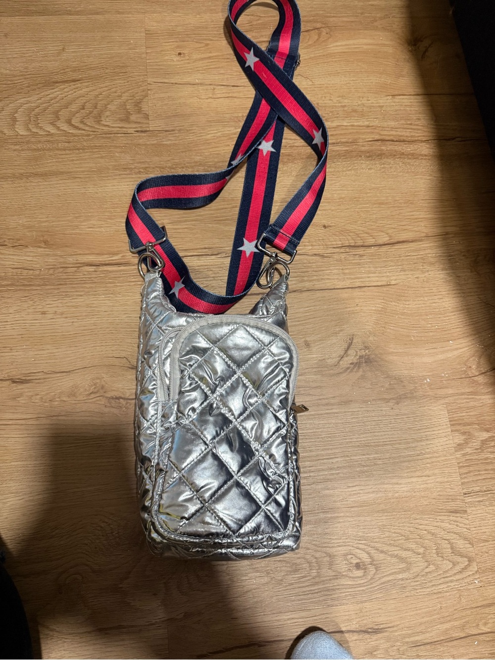 Metallic Silver Quilted Crossbody with Red & Navy Star Strap